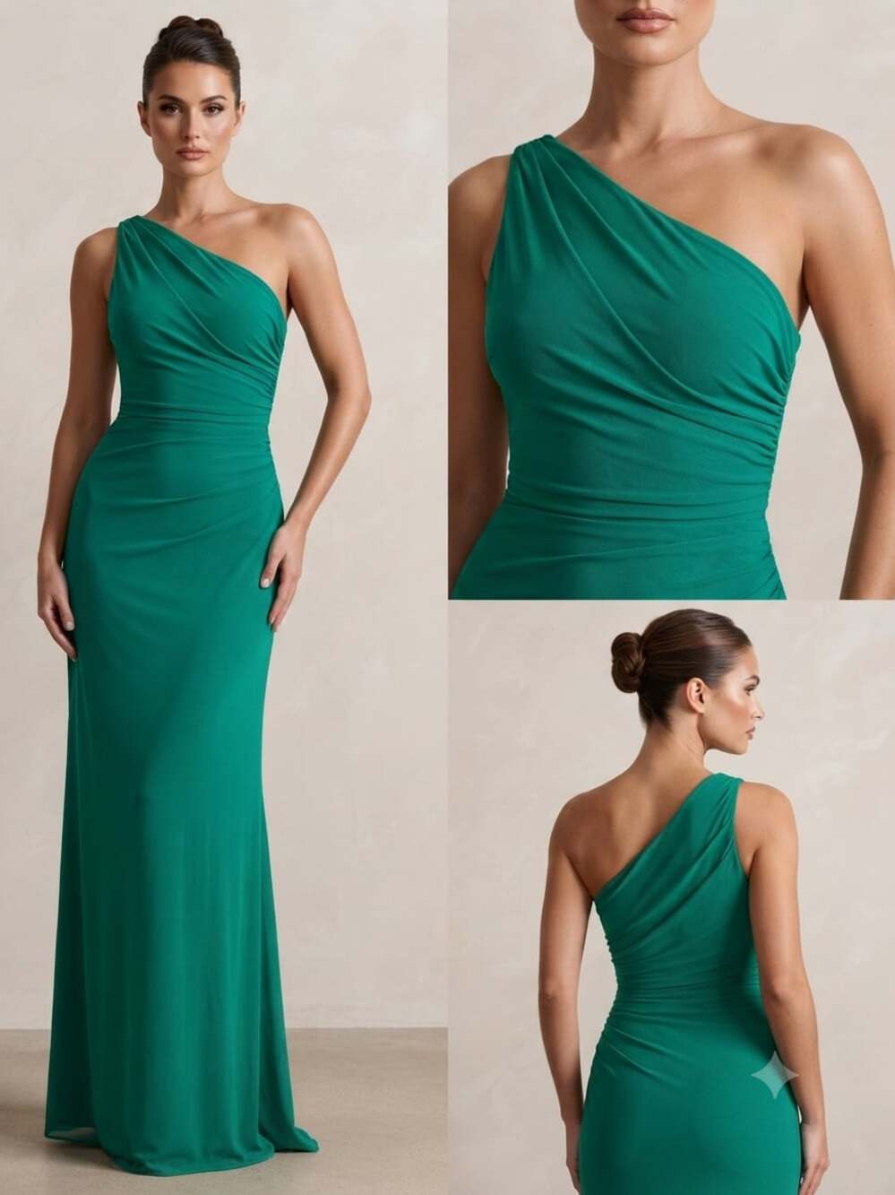 Minelli Emerald Green One-Shoulder Ruched Maxi Dress